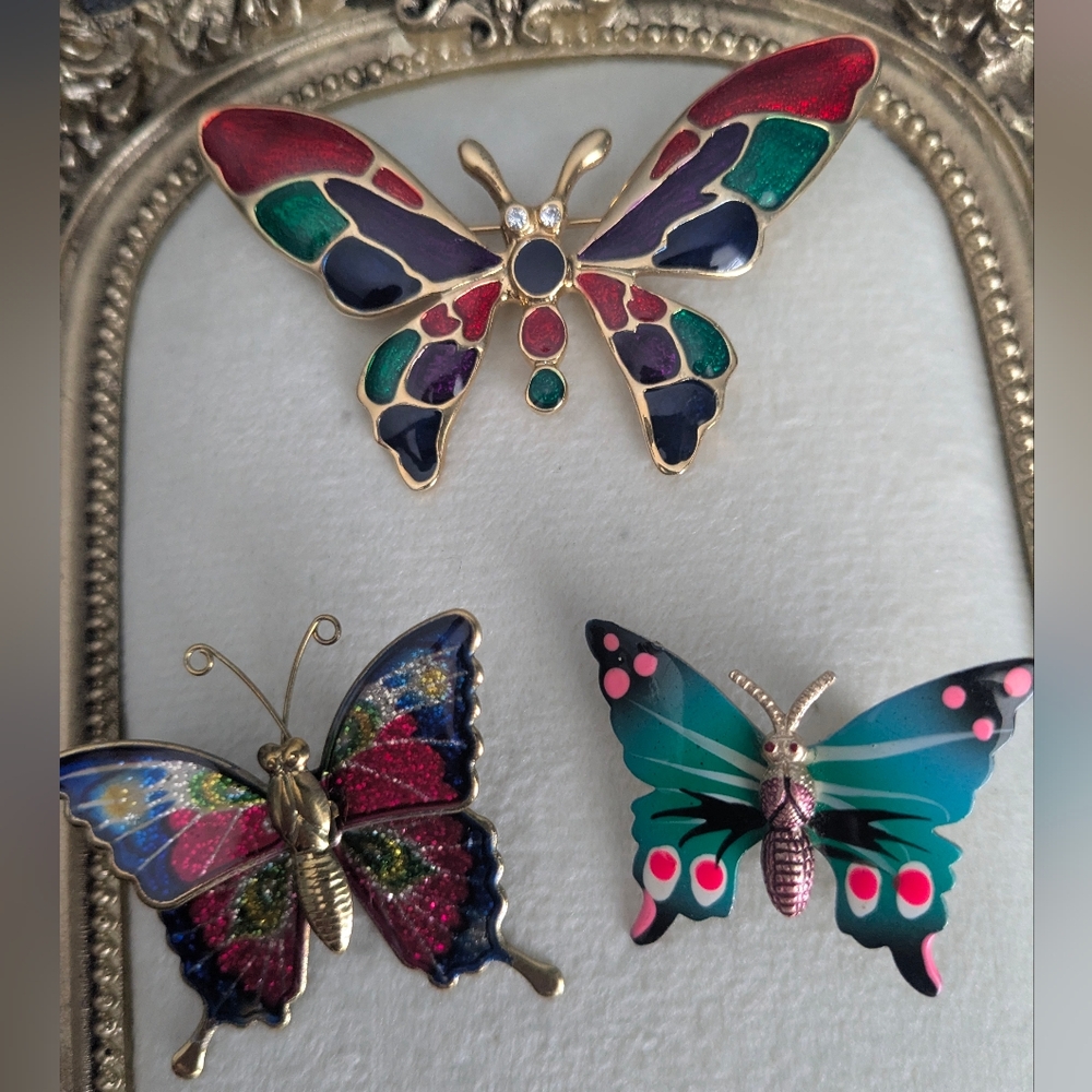 3 Vintage Multicolored Gold Tone Colorful Butterfly Brooches